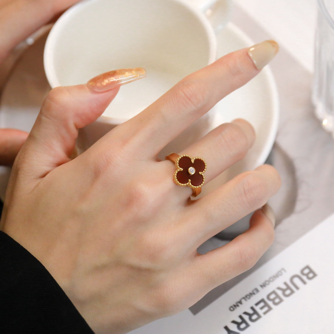 [AuraEcho]CLOVER CARNELIAN RING ROSE GOLD DIAMOND