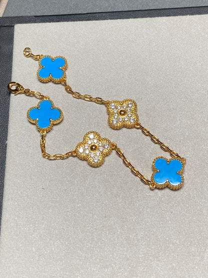 [AuraEcho]CLOVER 5 MOTIF BLUE CHALCEDONY DIAMOND GOLD BRACELET